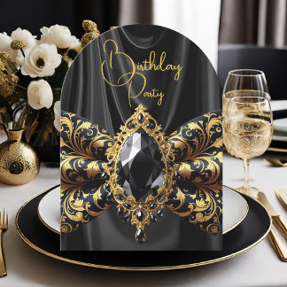 Birthday Black Silk Faux Gold Jewel Paisley Invitation