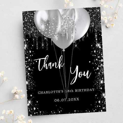 Birthday black silver balloons thank you card