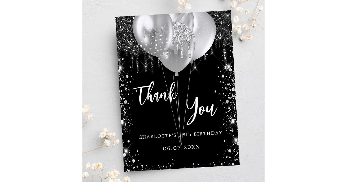 Birthday black silver balloons thank you card | Zazzle