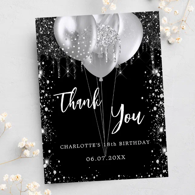 Birthday black silver balloons thank you card | Zazzle