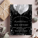 Birthday black silver glitter balloons  invitation<br><div class="desc">For an elegant 18th (or any age) birthday.  A stylish black background. Decorated with purple faux glitter and balloons.  Personalize and add a name,  age and party details. The name is written with a hand lettered style script</div>