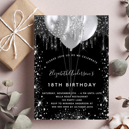 Birthday black silver glitter balloons  invitation