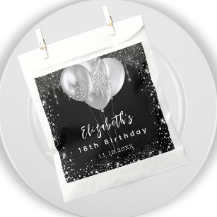 Birthday black silver glitter balloons name favor bag