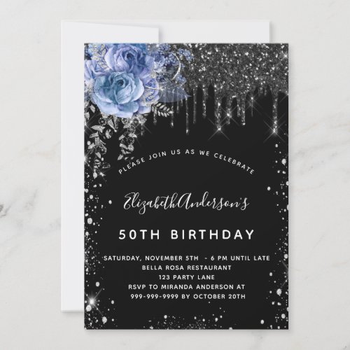 Birthday black silver glitter blue floral invitation