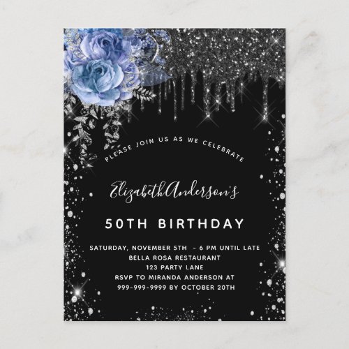 Birthday black silver glitter blue floral invitation postcard