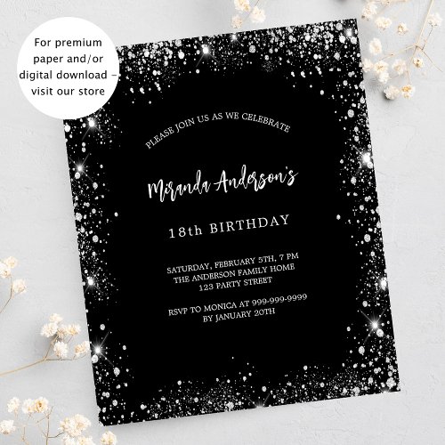 Birthday black silver glitter budget invitation