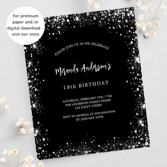 Birthday black silver glitter budget invitation (Creator Uploaded)