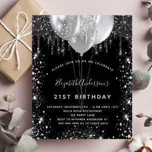 Birthday black silver glitter budget invitation flyer
