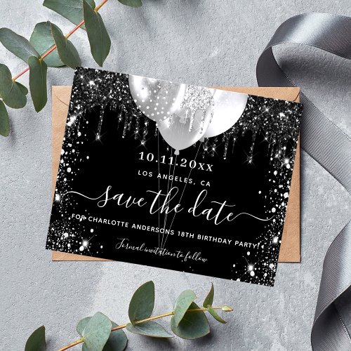 Birthday black silver glitter budget save the date flyer