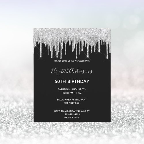 Birthday black silver glitter drips invitation postcard