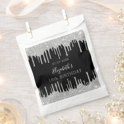 Birthday black silver glitter drips monogram favor bag