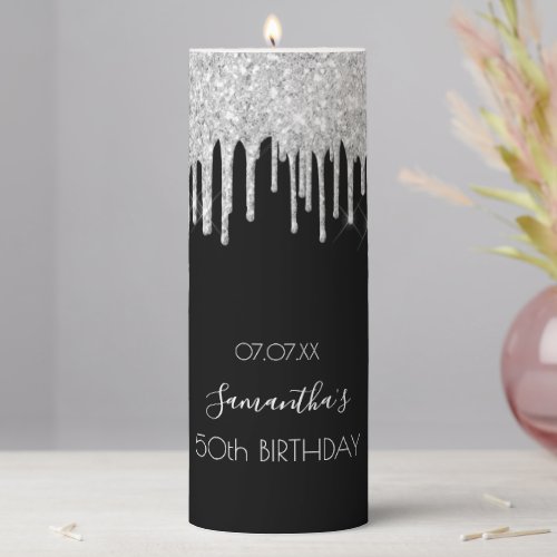 Birthday black silver glitter drips name pillar candle