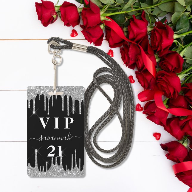 Birthday black silver glitter drips vip invitation badge (Creator Uploaded)