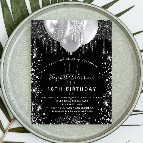 Birthday black silver glitter dust balloons invitation postcard