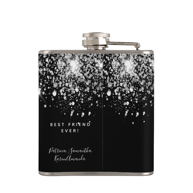 Birthday black silver glitter dust friends flask (Back)