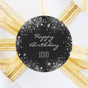 Birthday black silver glitter dust hugs kisses classic round sticker