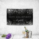 Birthday black silver glitter dust monogram banner<br><div class="desc">A banner for a girly and glamorous 30th (or any age) birthday party. A chic black background with faux silver glitter dust. Personalize and add a name and age 30. The name is written in gray with a modern hand lettered style script with swashes. Perfect both as a welcome banner...</div>