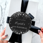 Birthday black silver glitter dust name date classic round sticker<br><div class="desc">For an elegant 21st (or any age) birthday. A classic black background. Decorated with faux silver glitter dust. Personalize and add a date,  name and age 21.
Can be used for party favors and also as a Save the Date reminder for the guests.</div>
