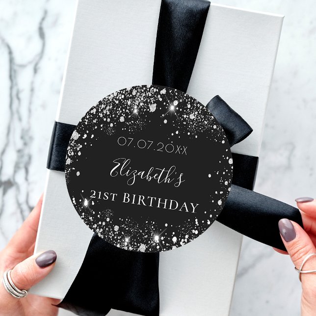 Birthday black silver glitter dust name date classic round sticker (Creator Uploaded)