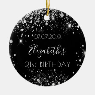 Birthday black silver glitter dust name elegant ceramic ornament