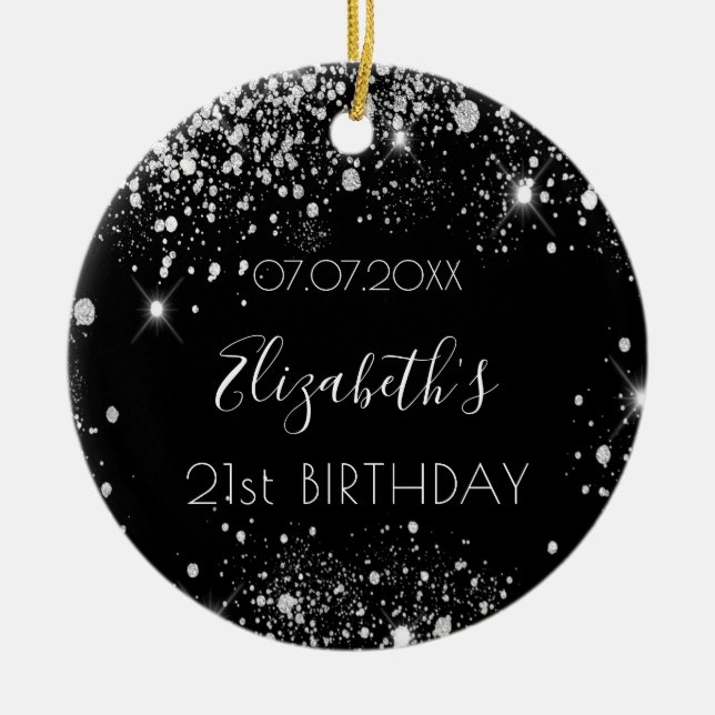Birthday black silver glitter dust name elegant ceramic ornament (Front)