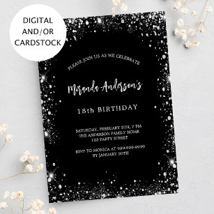 Birthday black silver glitter glamorous invitation
