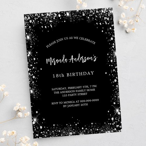 Birthday black silver glitter glamorous invitation postcard