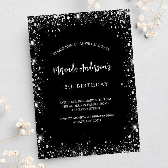 Birthday black silver glitter glamorous invitation postcard (Creator Uploaded)