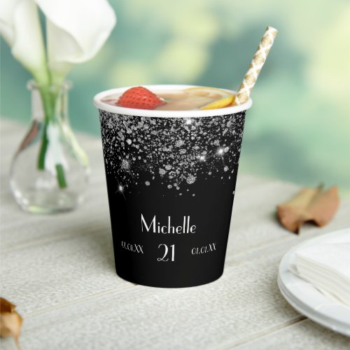 Birthday black silver glitter monogram paper cups