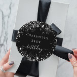 Birthday black silver glitter name classic round sticker<br><div class="desc">For an elegant 21st (or any age) birthday. A classic black background. Decorated with faux silver glitter dust. Personalize and add a name and age 21.</div>