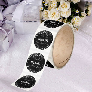 Birthday black silver glitter name date classic round sticker