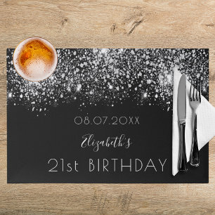 Birthday black silver glitter name paper placemat