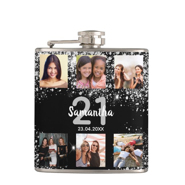 Birthday black silver glitter name photo collage flask (Front)