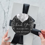 Birthday black silver glitter name thank you  classic round sticker<br><div class="desc">A chic black background. Decorated with faux silver glitter drips,  paint dripping look, glitter dust and balloons.  Personalize and add a name and age.</div>