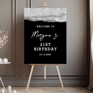 Birthday Black Silver Glitter Name Welcome Foam Board