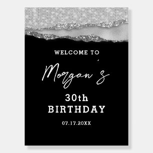Birthday Black Silver Glitter Name Welcome Foam Board