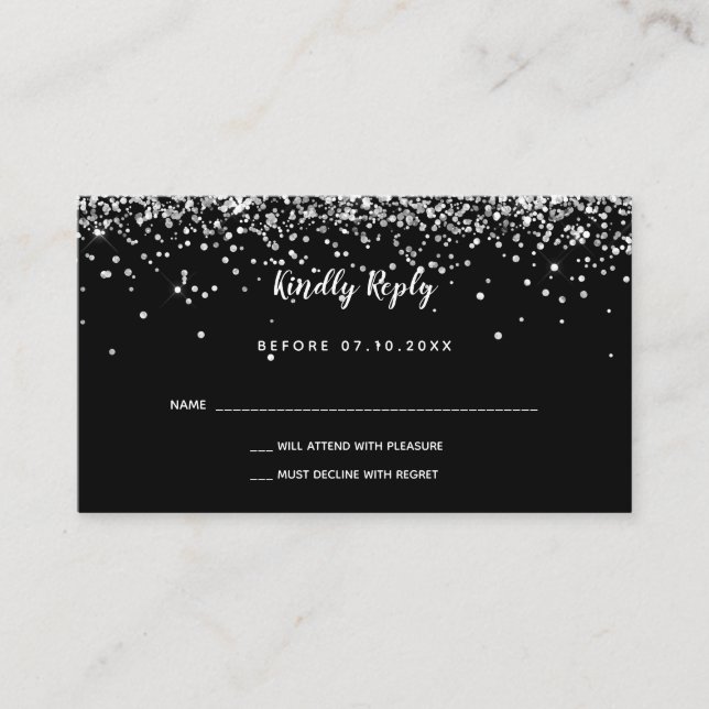 Birthday black silver glitter party RSVP Enclosure Card (Front)