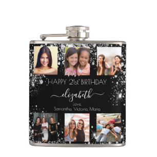 Birthday black silver glitter photo collage friend flask