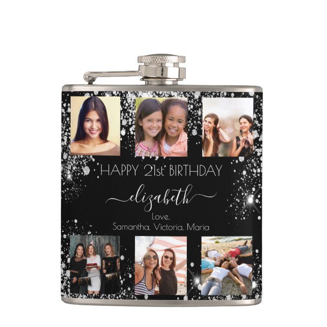 Birthday black silver glitter photo collage friend flask (Front)
