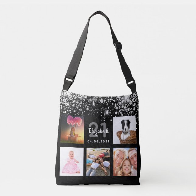 Birthday black silver glitter photo collage name crossbody bag (Front)