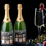 Birthday black silver glitter photo collage name sparkling wine label<br><div class="desc">A bottle label for a 21st birthday party, celebrating her life with a collage of 5 of your photos. Templates for a name, age 21 and a date. Date of birth or the date of the party. White and golden colored letters. Elegant black background color, decorated with faux silver glitter...</div>