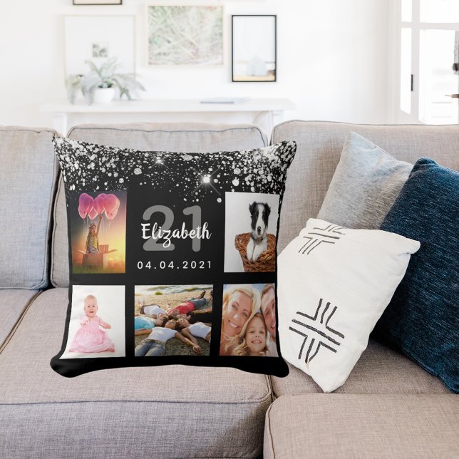 Birthday black silver glitter photo collage name throw pillow (Creator Uploaded)