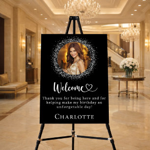 Birthday black silver glitter photo welcome foam board
