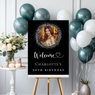 Birthday black silver glitter photo welcome foam board