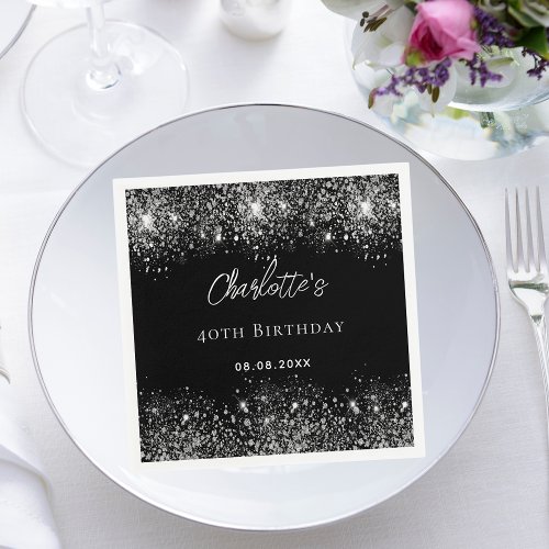 Birthday black silver glitter sparkles napkins