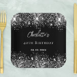Birthday black silver glitter sparkles paper plates<br><div class="desc">A stylish black background with elegant faux silver glitter,  sparkles. The text: The name is written in white with a modern hand lettered style script. Personalize and add a name,  age and a date.</div>