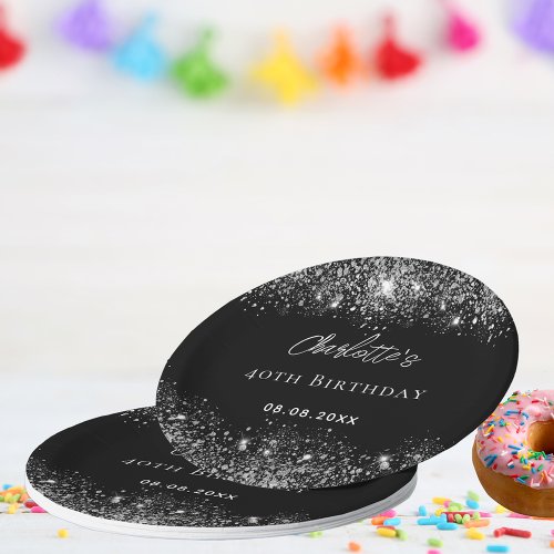 Birthday black silver glitter sparkles paper plates