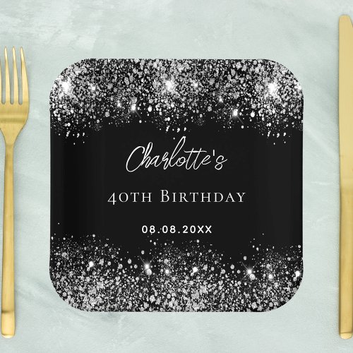 Birthday black silver glitter sparkles paper plates