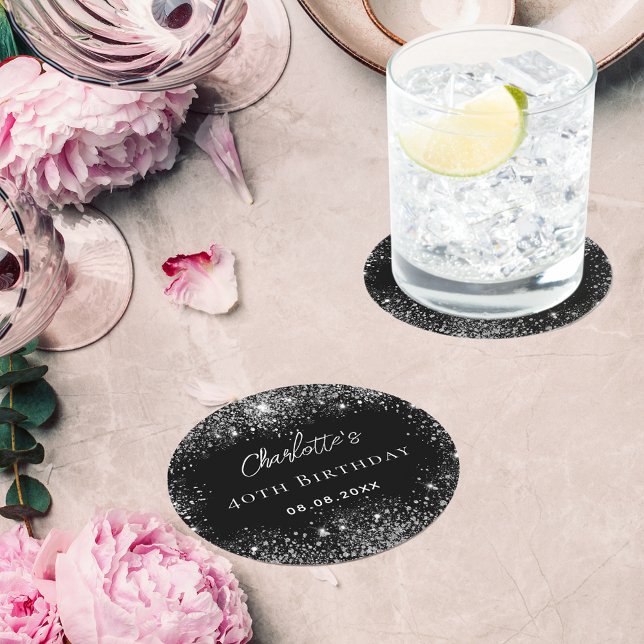 Birthday black silver glitter sparkles round paper coaster (Creator Uploaded)