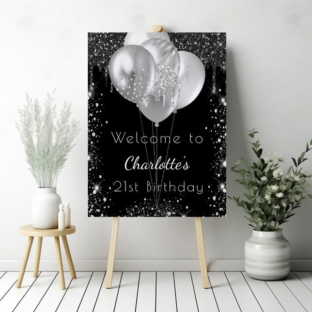 Birthday black silver glitter welcome balloons foam board (Creator Uploaded)
